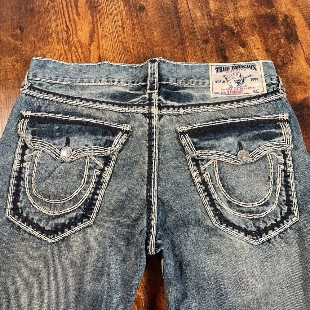 True Religion Jeans Mens 36X32 RARE Straight‎ Flaps Nat Mega T Distress